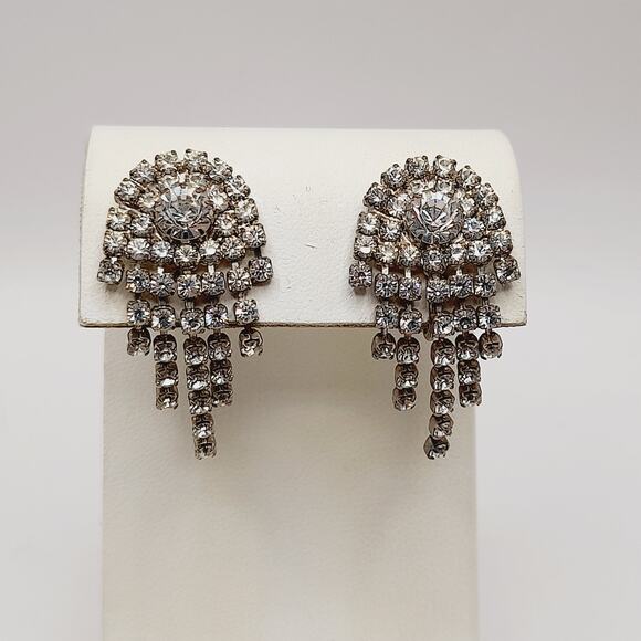 Vintage Clear Rhinestone Dangle Clip Earrings, 1.5 Inch Length - Picture 1 of 10